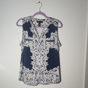 INC International Concepts Navy and White Patterned Top